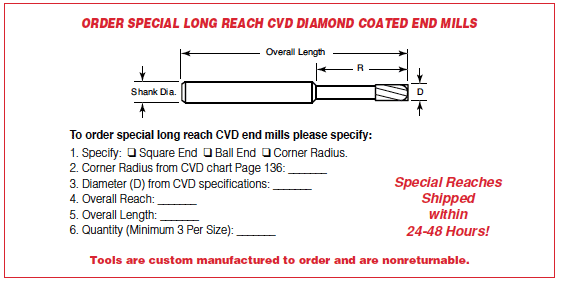 Special order long reach diamond end mills